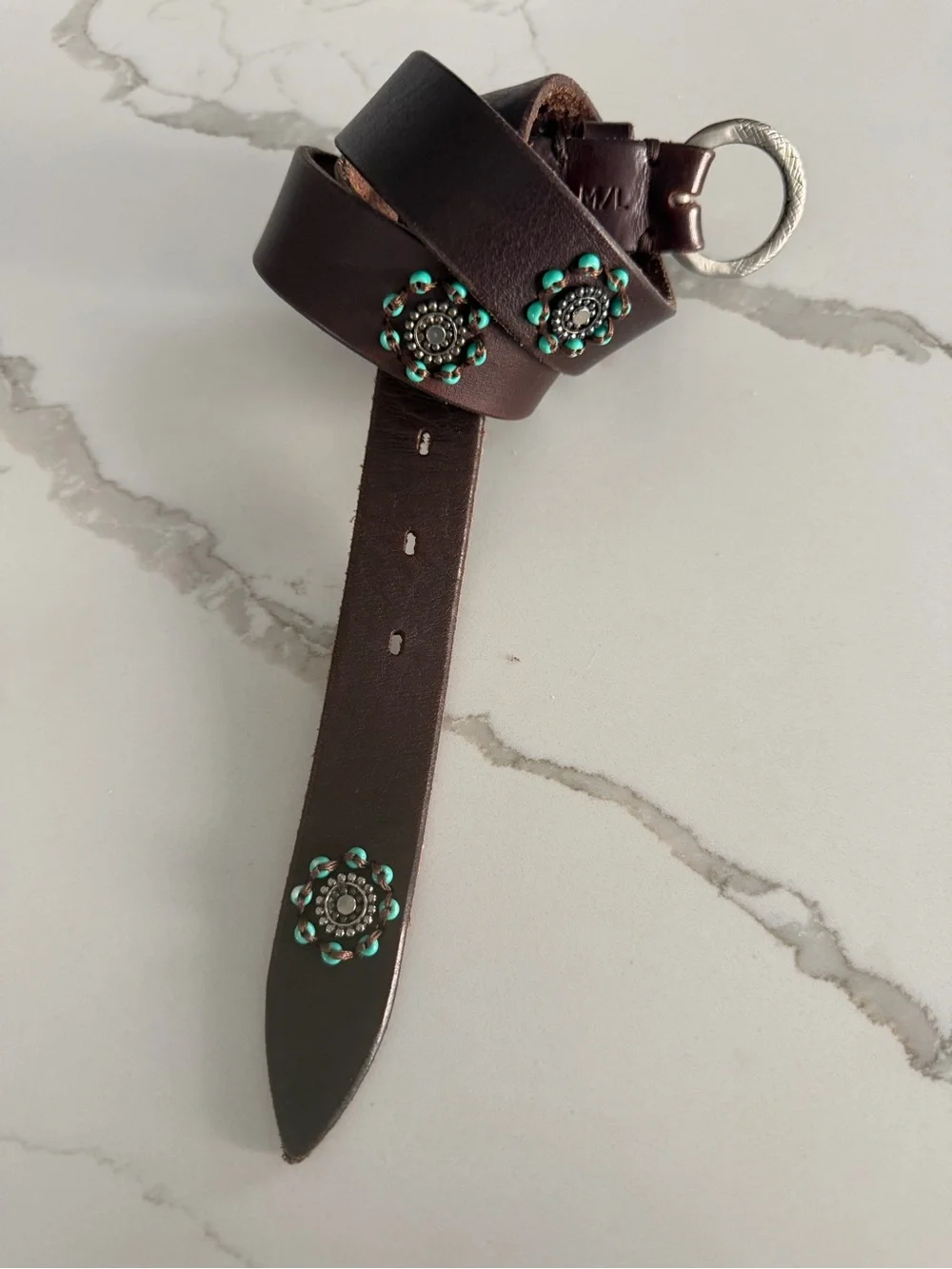 Johnny Was Brown Leather Women's Belt with Turquoise Stud Accents
